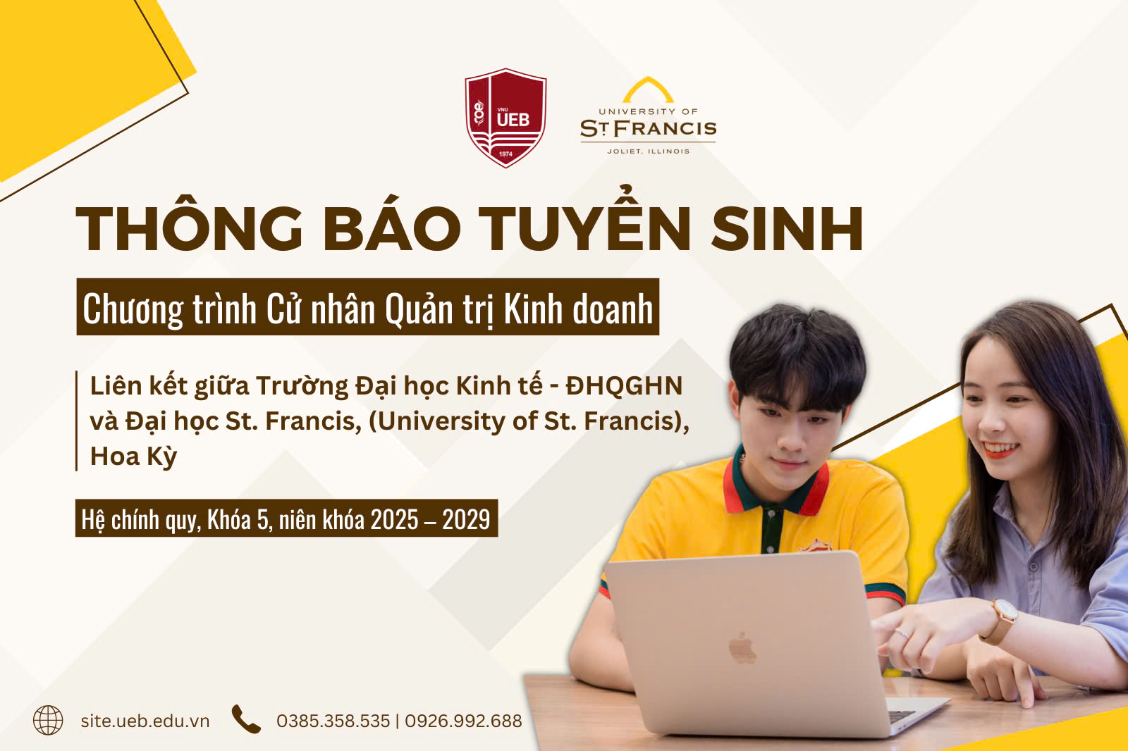 Thông báo tuyển sinh Chương trình Cử nhân Quản trị kinh doanh, Hệ chính quy, Liên kết giữa Trường Đại học Kinh tế, ĐHQGHN và Đại học St. Francis (University of St. Francis – USF), Hoa Kỳ, Khóa 5, niên khóa 2025 – 2029